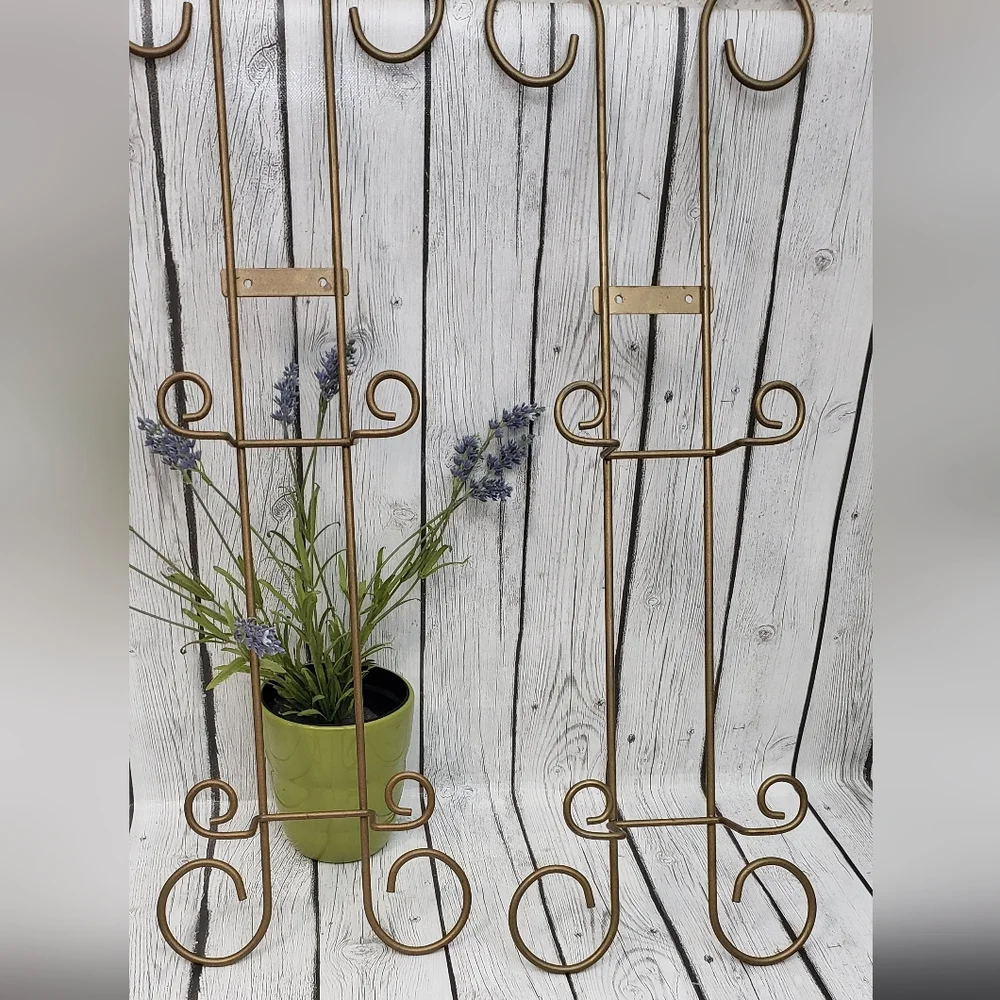 2 Vtg Gold Wrought Iron Wall Rack, Wall Mount Plate Holder, Picture Holder
